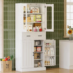 IRONCK 74.8" Tall Kitchen Pantry, Storage Cabinet with LED Lights, Kitchen Cabinet with Acrylic Glass Door, Drawer and Adjustable Shelves, for Dining Room, White