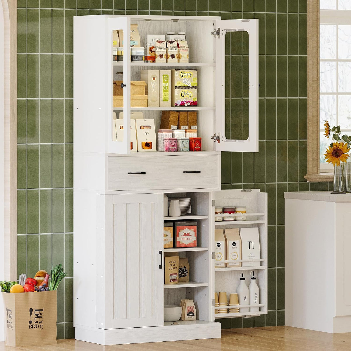 IRONCK 74.8" Tall Kitchen Pantry, Storage Cabinet with LED Lights, Kitchen Cabinet with Acrylic Glass Door, Drawer and Adjustable Shelves, for Dining Room, White