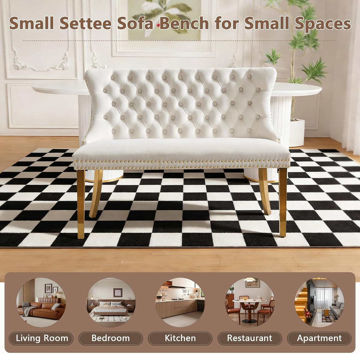 mikibama Luxury Settee Dining Bench with Back,Velvet Upholstered Banquette Benches with Nailhead Trim,Button Tufted Small Loveseat Sofa Couch Booth Seating for Small Spaces(Beige Gold)