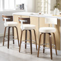 Bekrvio Swivel Counter Height Bar Stools Set of 3, Faux Leather Kitchen Stools Upholstered Barstools with Back, Walnut Wood Legs, Mid Century Island Chairs Counter Stools, 26" Seat Height, White
