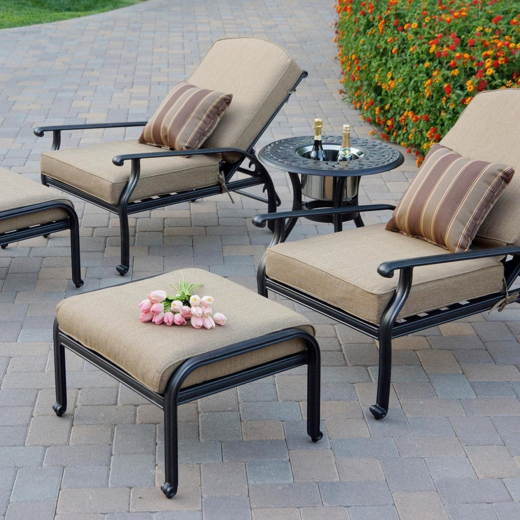 Darlee Nassau 5 Pc Cast Aluminum Seating Set w/ 24 Inch Series 60 Ice Bucket End Table & Reclining Chairs & Throw Pillows in Antique Bronze/Sesame