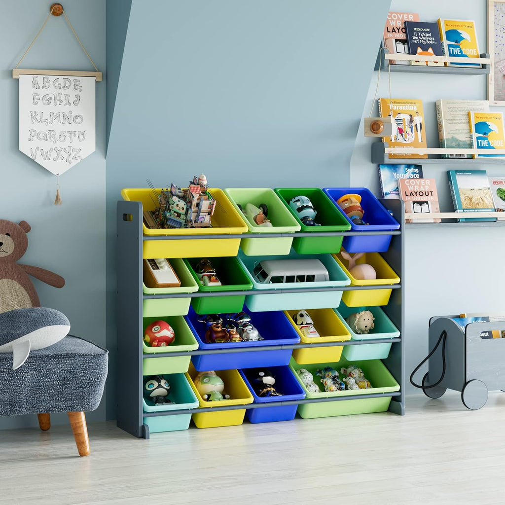 HearCare PUPL Toy Storage Organizer Bin, Multi-Functional Toy Storage Cabinet with Shelf and 16 Plastic Bins for Bedroom, Living Room, Playroom, Home Furniture, Gray Rack and Colorful Bins