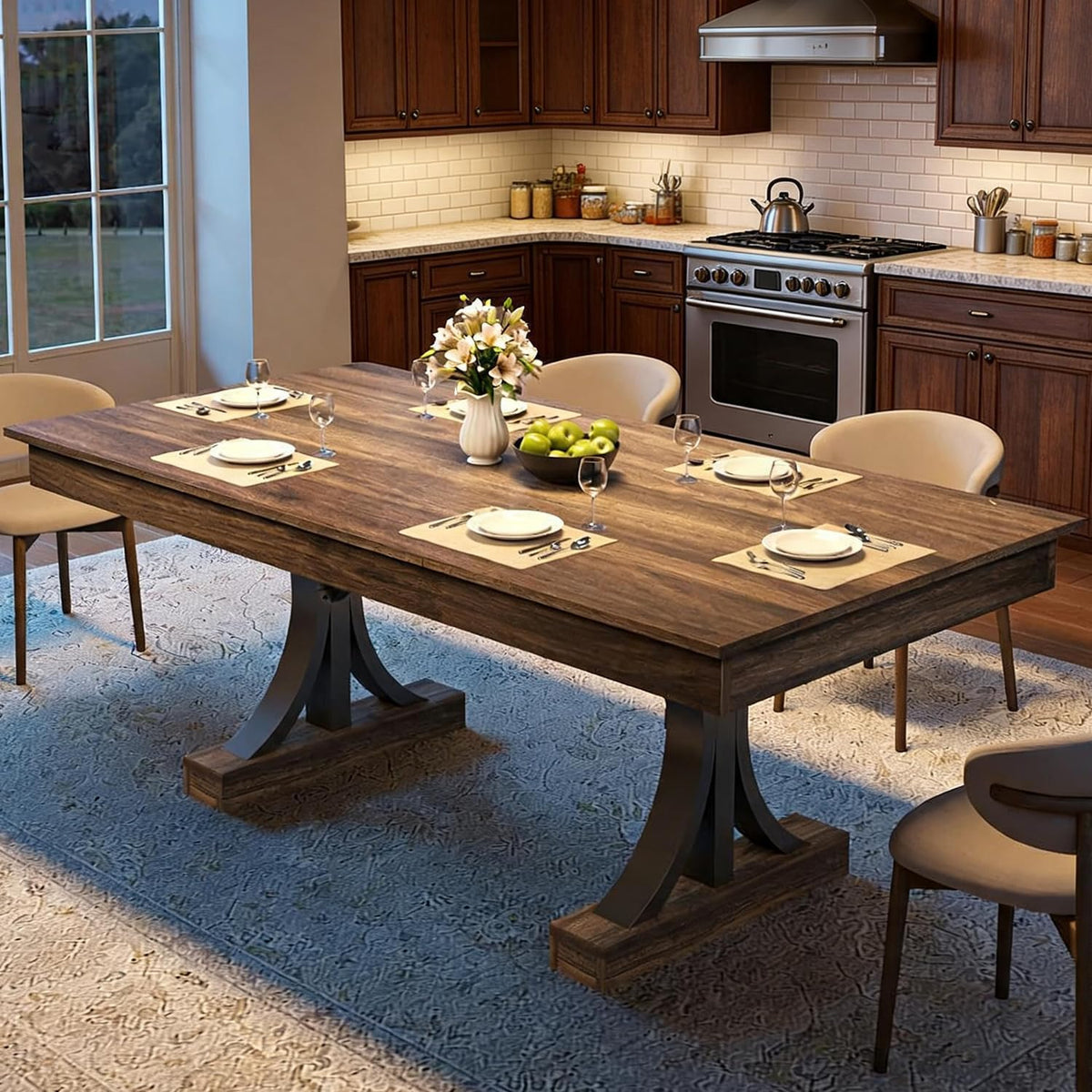 Garvee 71-Inch Dining Table with 2 Drawers,Rectangular Dining Table for 6-8 with Double Pedestal & Sturdy Frame, Industrial Wooden Kitchen Table with Large Tabletop, for Dinner, Walnut