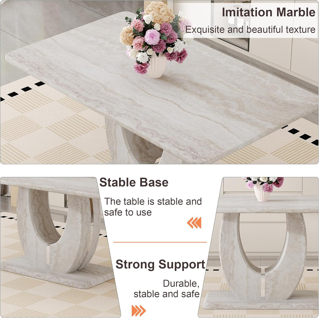 63" Faux Marble Dining Table for 4–6, Modern Rectangular Kitchen Table with U-Shaped Base, Marble Look Dinner Table for Kitchen, Dining Room, Apartment