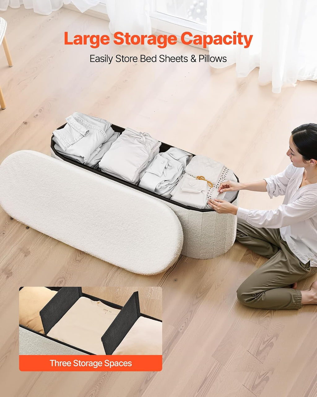 VEVOR Oval Storage Ottoman Bench, Foldable Teddy Fleece End of Bed Bench, Folding Upholstered Bed Ottoman Chest with Large Storage Space, Supports 660 lbs, for Living Room, Bedroom, Entryway, Beige