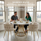 Modern Hand Weaving Dining Chairs Set of 2, Velvet Upholstered Dining Room Chairs with Gold Legs, Elegant Side Chair with Curved Backrest, Accent Chair for Dining Room, Kitchen (Ivory)