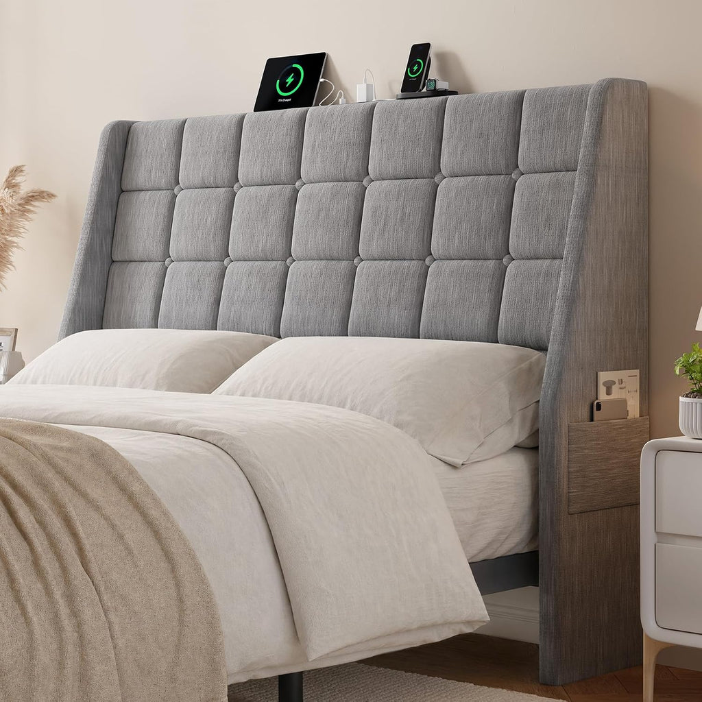 ONBRILL Queen Headboard Only with Charging Station, Soft Chenille Fabric