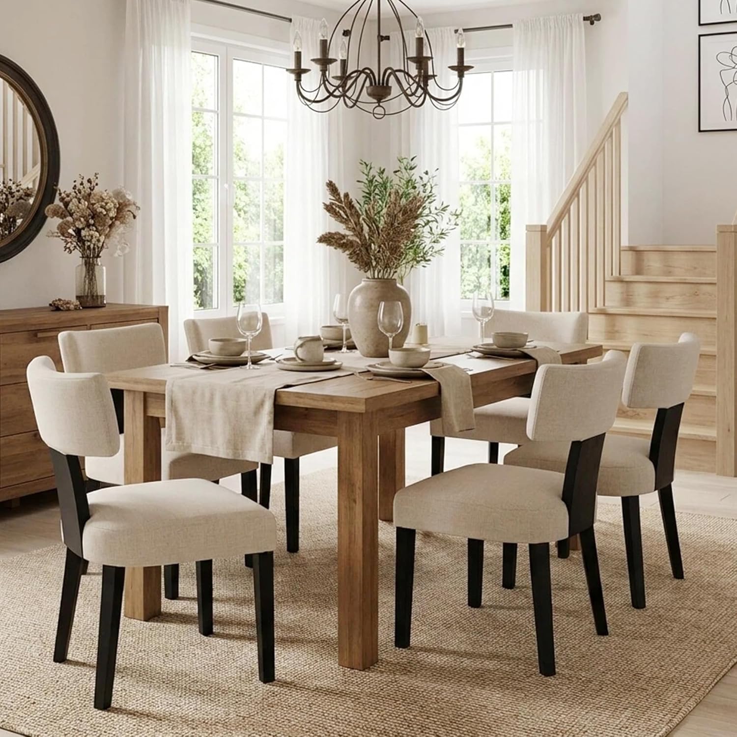 HNY Mid Century Modern Farmhouse Dining Chairs Set of 6, Linen Upholstered Accent Curved Backrest Kitchen Chairs, with Black Hardwood Frame, Beige