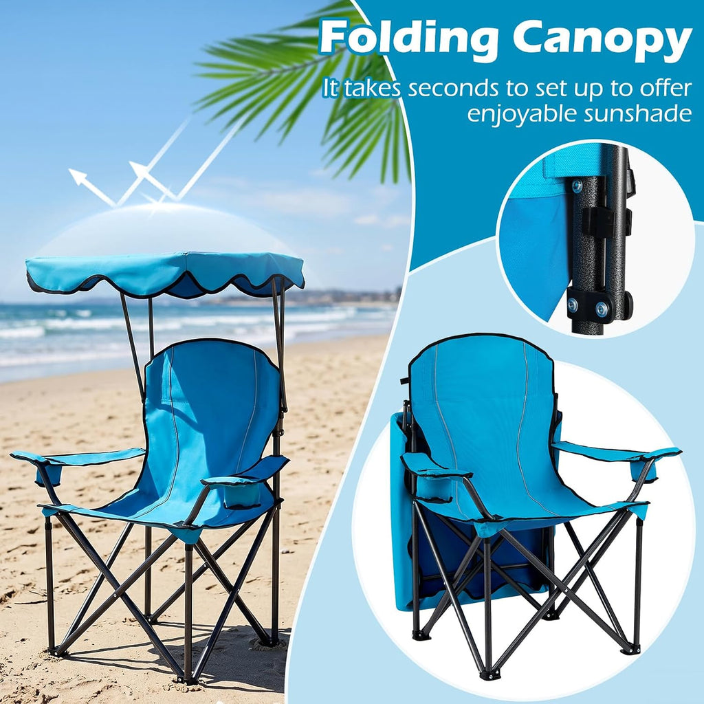 Goplus Camping Chair with Canopy Shade, Folding Lawn Chair with Umbrella Cup Holder & Carry Bag, Portable Sunshade Chair for Adults for Beach Outdoor Travel Hiking Fishing (Light Blue)