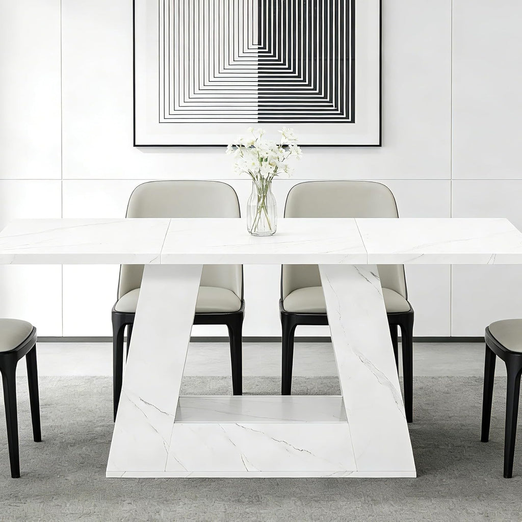 63" White Dining Table for 4-6 People, Modern Faux Marble Wooden Table with Sturdy Base for Dining Room