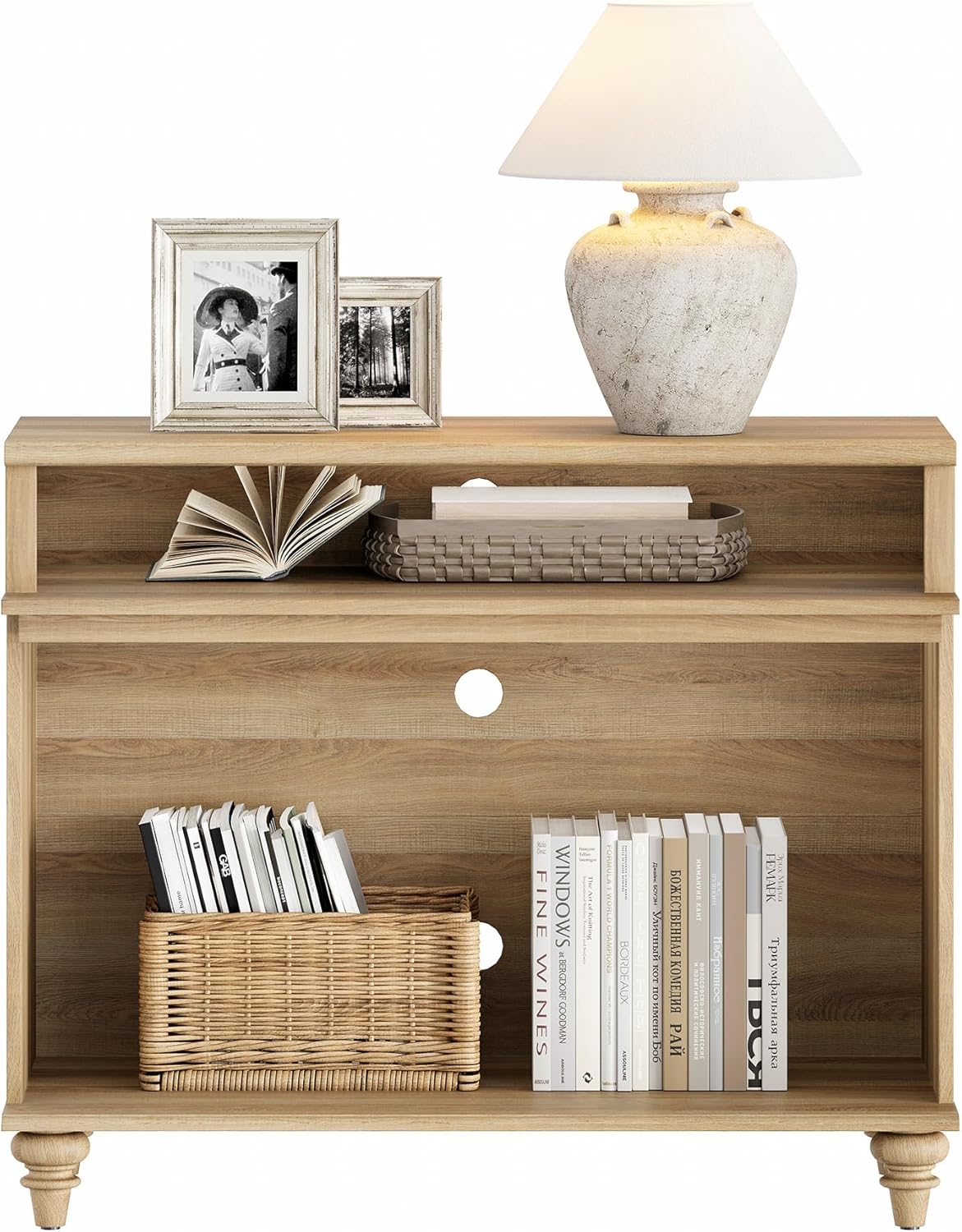 WAMPAT Tall Side Table, Large End Table with 2 Storages for Living Room, Farmhouse TV Stand with Storage Shelf, Oak, 37"