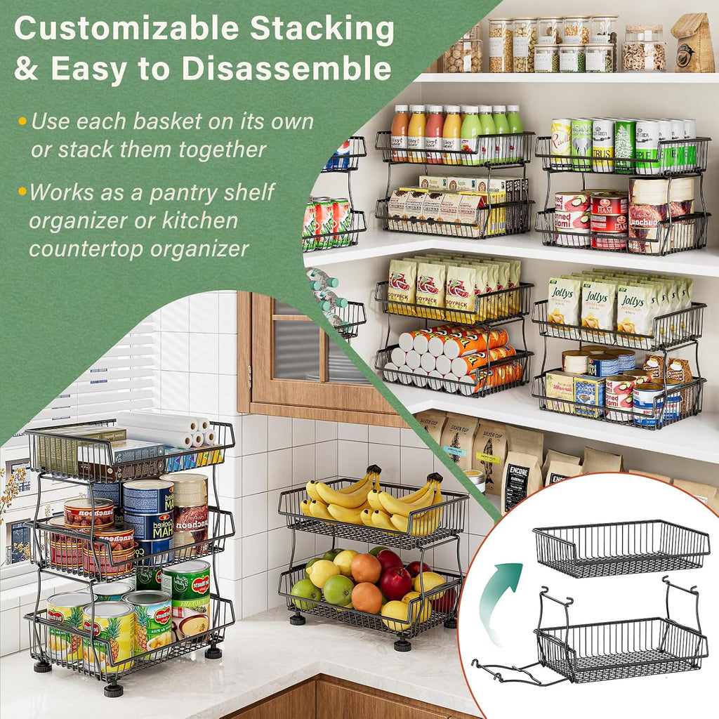 OKZEST Pantry Organizers and Storage Cart with Upgraded Metal Hub Casters | Fits under pantry shelf, stackable fine-mesh wire baskets, 3-tier rolling cart holds drink, snack, can, potato, onion, fruit