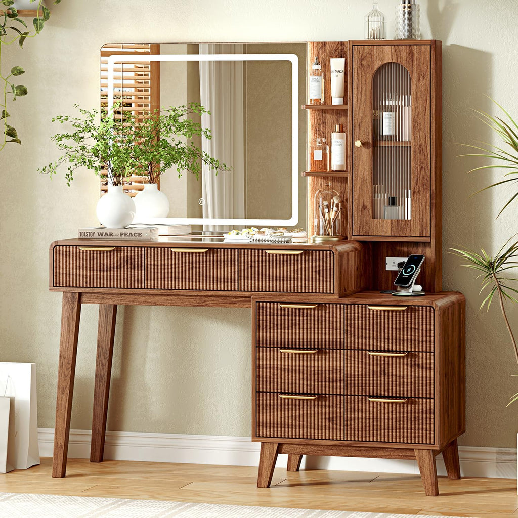 Glass Top Makeup Vanity with 3-Color LED Lighted Mirror & Power Strip, Large Vanity Table with 9 Drawers, Enclosed Cabinet & 2-Tier Open Shelves, Wooden Legs Bedroom Dressing Table, 47.2"W, Walnut