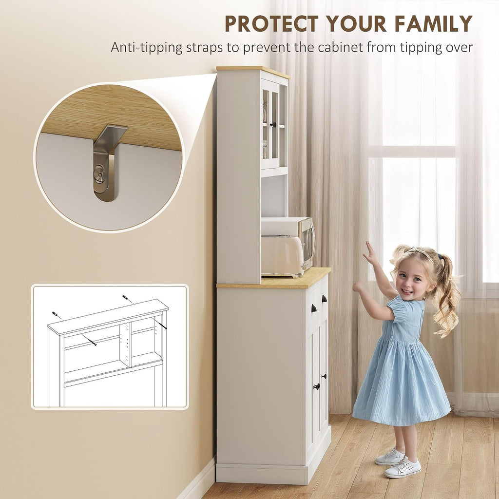 Modern Freestanding Pantry Cabinet 71in H x 39.25in W: White Finish, Warm Oak Countertop, 4-Tier Adjustable Shelves, 35.5in Surface w/Cable Hole, 176lb Capacity