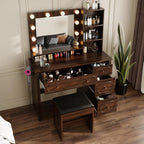 42" Walnut Brown Makeup Vanity Desk with Mirror & Lights & Charging Station | Dark Wood Dressing Table Make Up Desk, Power Outlets & USB Ports, Open Storage, 4 Drawers, Blow Dryer Holder, Vanity Bench