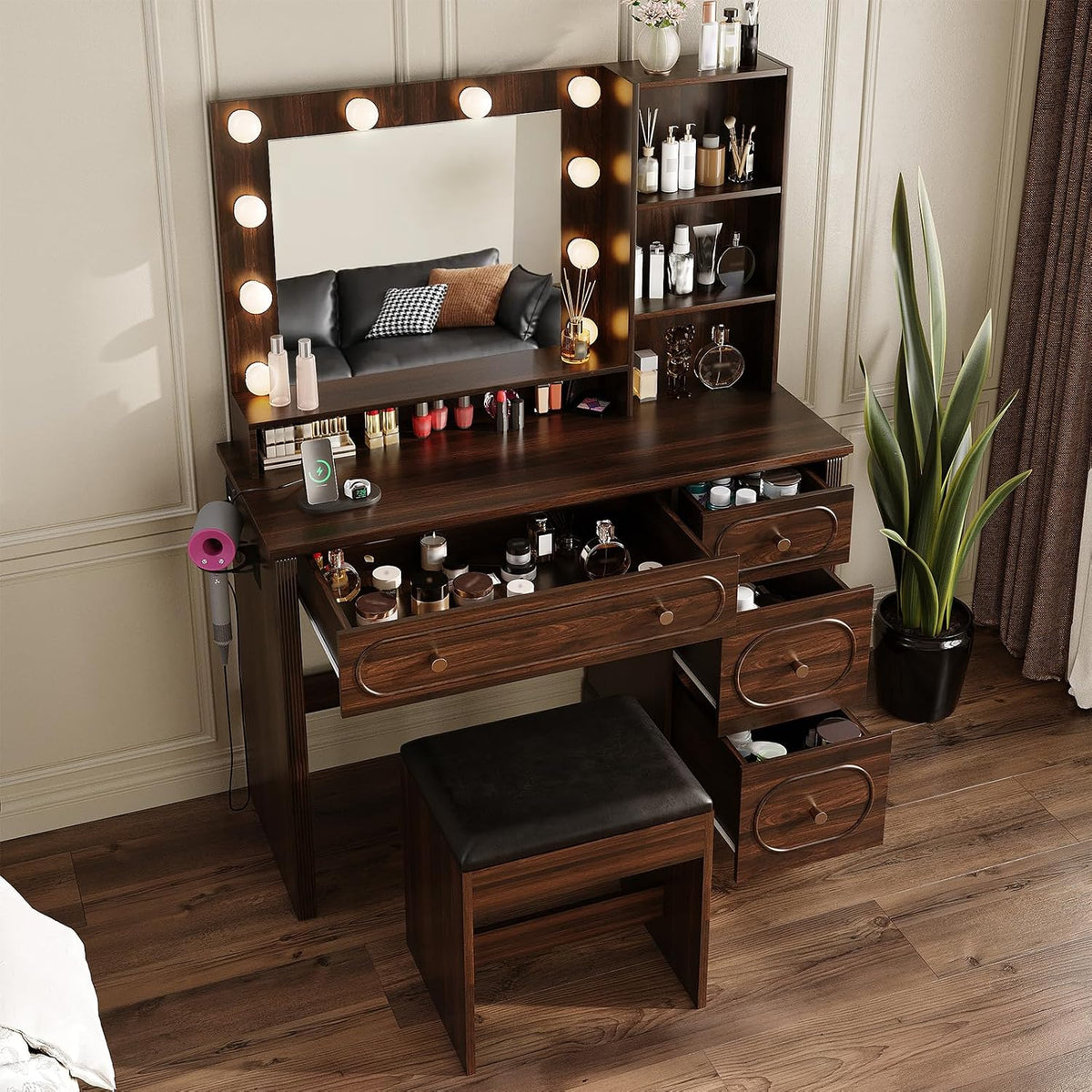 42" Walnut Brown Makeup Vanity Desk with Mirror & Lights & Charging Station | Dark Wood Dressing Table Make Up Desk, Power Outlets & USB Ports, Open Storage, 4 Drawers, Blow Dryer Holder, Vanity Bench