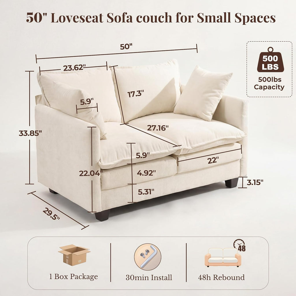 KYJ Loveseat Sofa, Cloud Love Seat Couch 3 Layer Cushion for Small Spaces | 50" Chenille Small Sofa, 27" Deep Seat, 2 Washable Pillow, in a Box for Bedroom & Living room, Singles, Couple & Kid, Beige