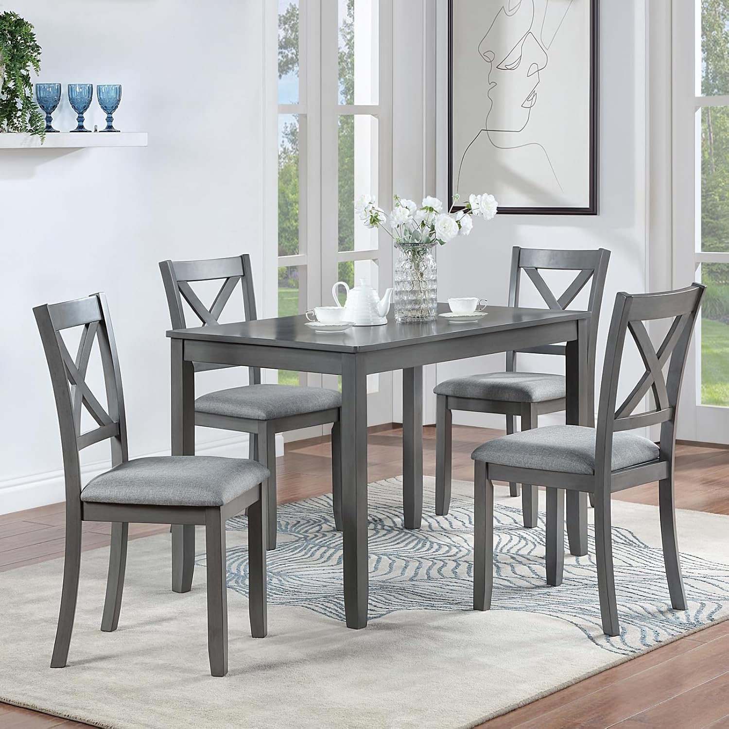 Ball & Cast Wood Frame Dining Chairs Set of 4, Modern Linen Upholstered Kitchen-Chairs with Padded Seat, 330lb Heavy Duty X-Backrest Side Chair for Dining Living Room, Easy Assembly, Gray
