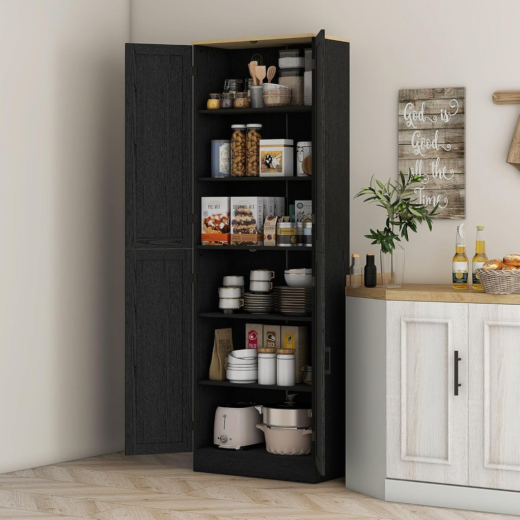 4-Door Farmhouse Freestanding Kitchen Pantry Cabinet with Flexible Adjustable Shelves, Distressed Black Finish and Contemporary Design
