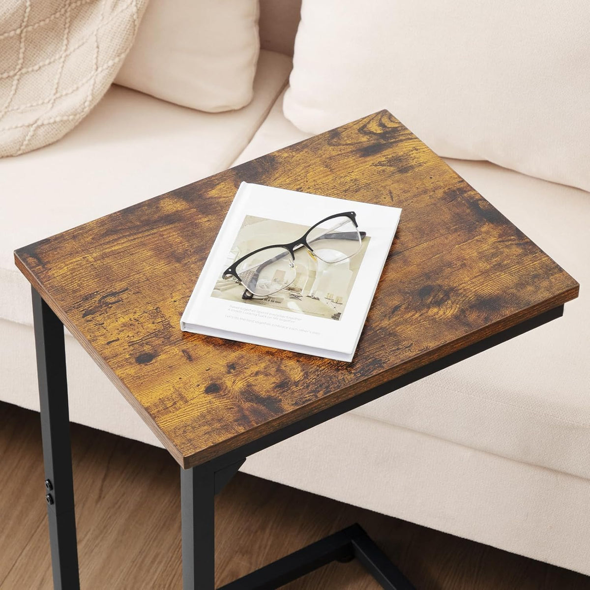 AMHANCIBLE C Shaped End Table Set of 2, Couch Side Table that Slide Under Sofa, Narrow Small Space TV Trays for Living Room, Bedroom, Rustic Brown HET02CBR