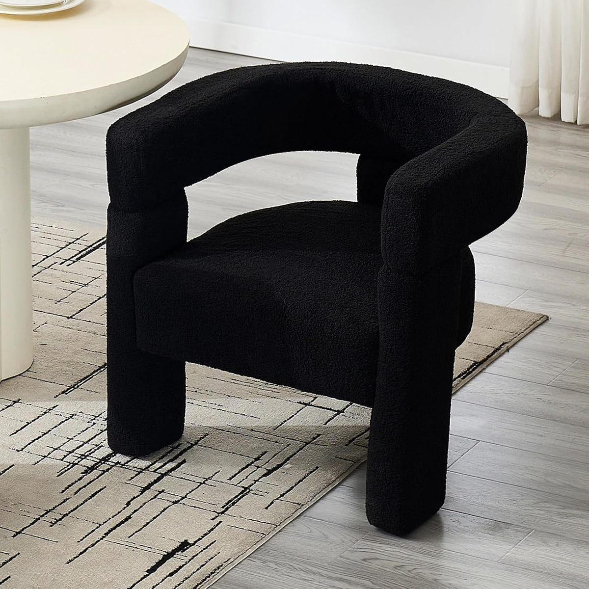 Sherpa Barrel Accent Chairs Set of 2, Modern Boucle Dining Room Chairs, Comfy Upholstered Side Chair with Arm, Cozy Sitting Chair for Bedroom/Kitchen/Living Room/Office, Black