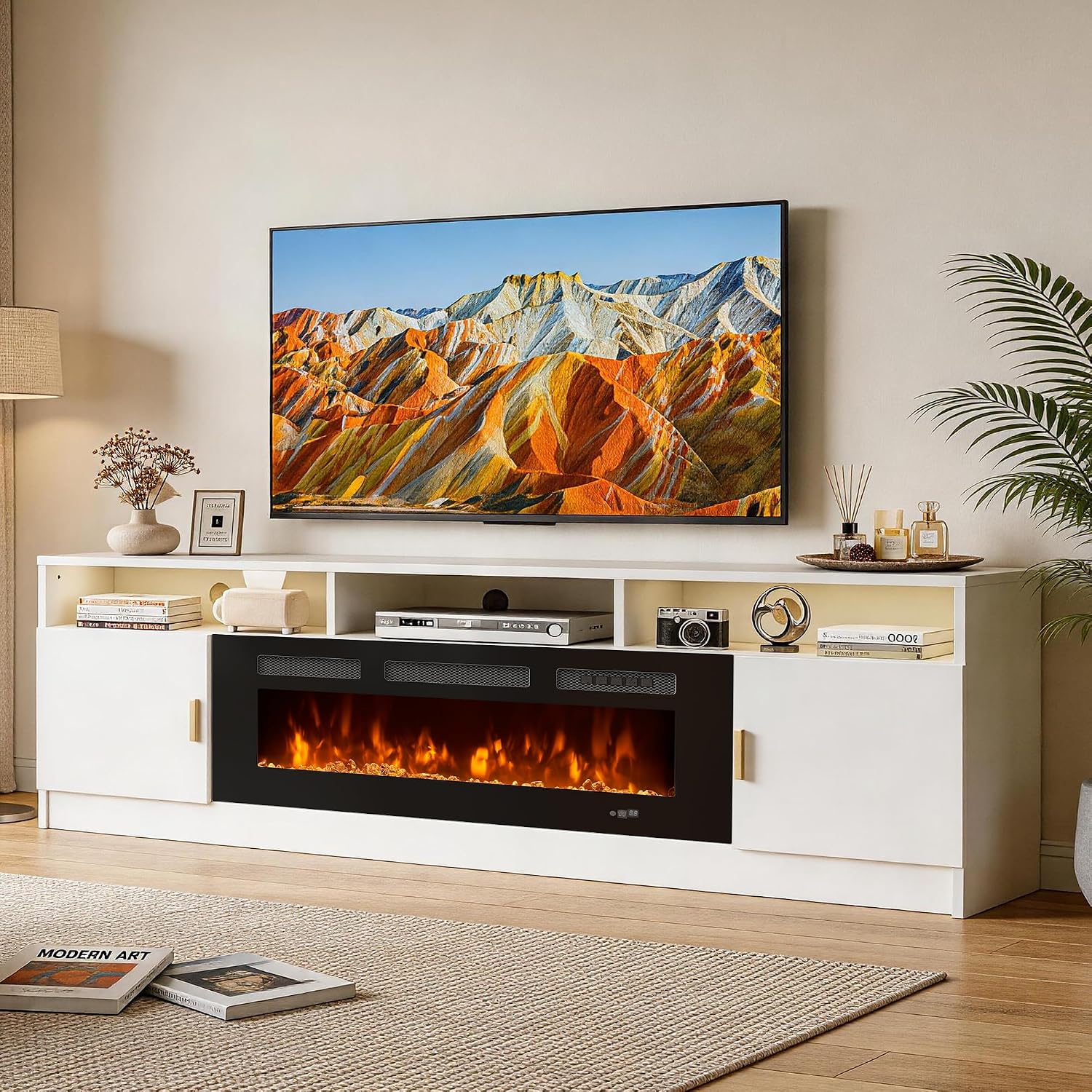 80" Fireplace TV Stand with Power Outlet, Electric Fireplace Entertainment Center with Storage Cabinets, Fits TVs up to 90", TV Console with LED Lights for Living Room, Office, White-Black