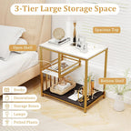 GOFLAME Faux Marble End Table, 3-Tier Sofa Side Table with Storage Shelves, Golden Polished Steel Frame, Black & White Faux Marble, Rectangular, Modern Nightstand for Living Room, Bedroom