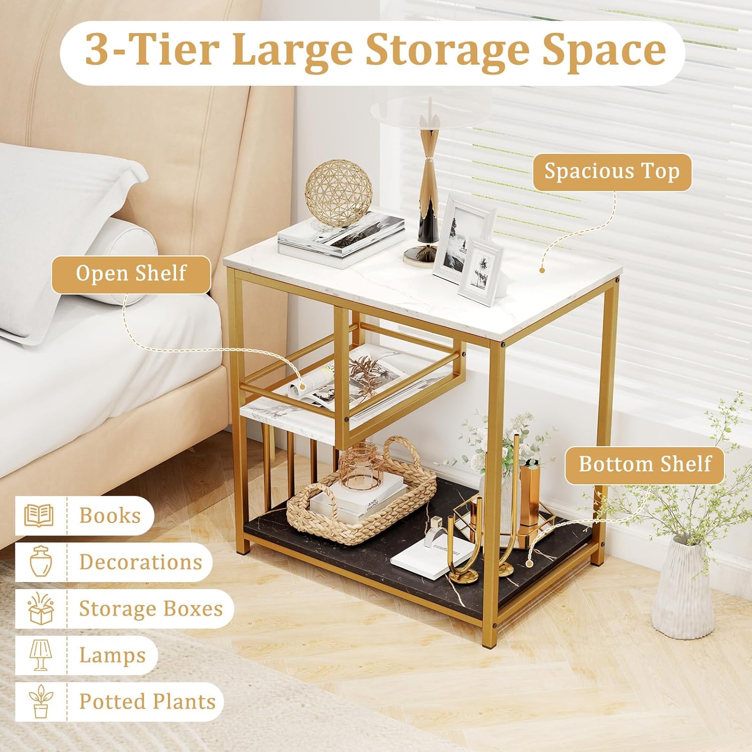 GOFLAME Faux Marble End Table, 3-Tier Sofa Side Table with Storage Shelves, Golden Polished Steel Frame, Black & White Faux Marble, Rectangular, Modern Nightstand for Living Room, Bedroom