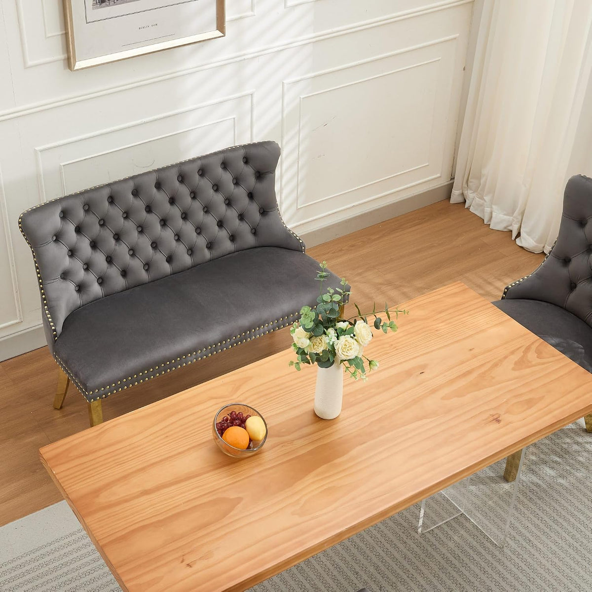 Velvet Upholstered Dining Bench with Back, 45.6'' Tufted Loveseat Bench with Gold Stainless Steel Legs, Mid-Century Modern Banquette Seating for Dining Room, Kitchen, Entryway, Gray