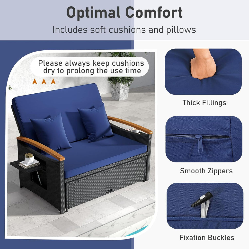 Moccha Outdoor Wicker Daybed, Patio Rattan Loveseat Sofa w/ 4-Level Adjustable Backrest, Folding Panels, Storage Ottoman & Cushions, Lounge Furniture Set for Poolside Backyard Porch (Navy & Black)