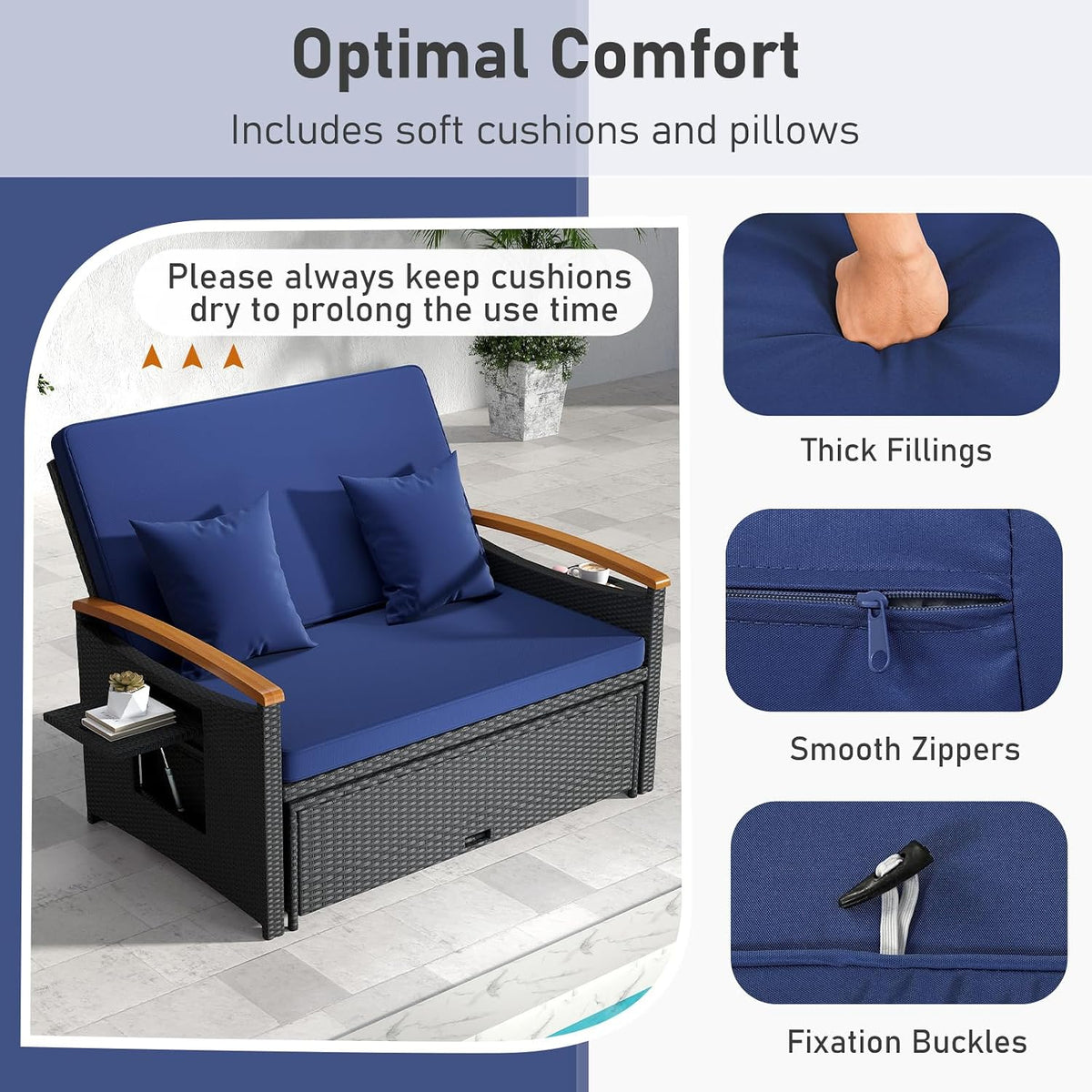 Moccha Outdoor Wicker Daybed, Patio Rattan Loveseat Sofa w/ 4-Level Adjustable Backrest, Folding Panels, Storage Ottoman & Cushions, Lounge Furniture Set for Poolside Backyard Porch (Navy & Black)