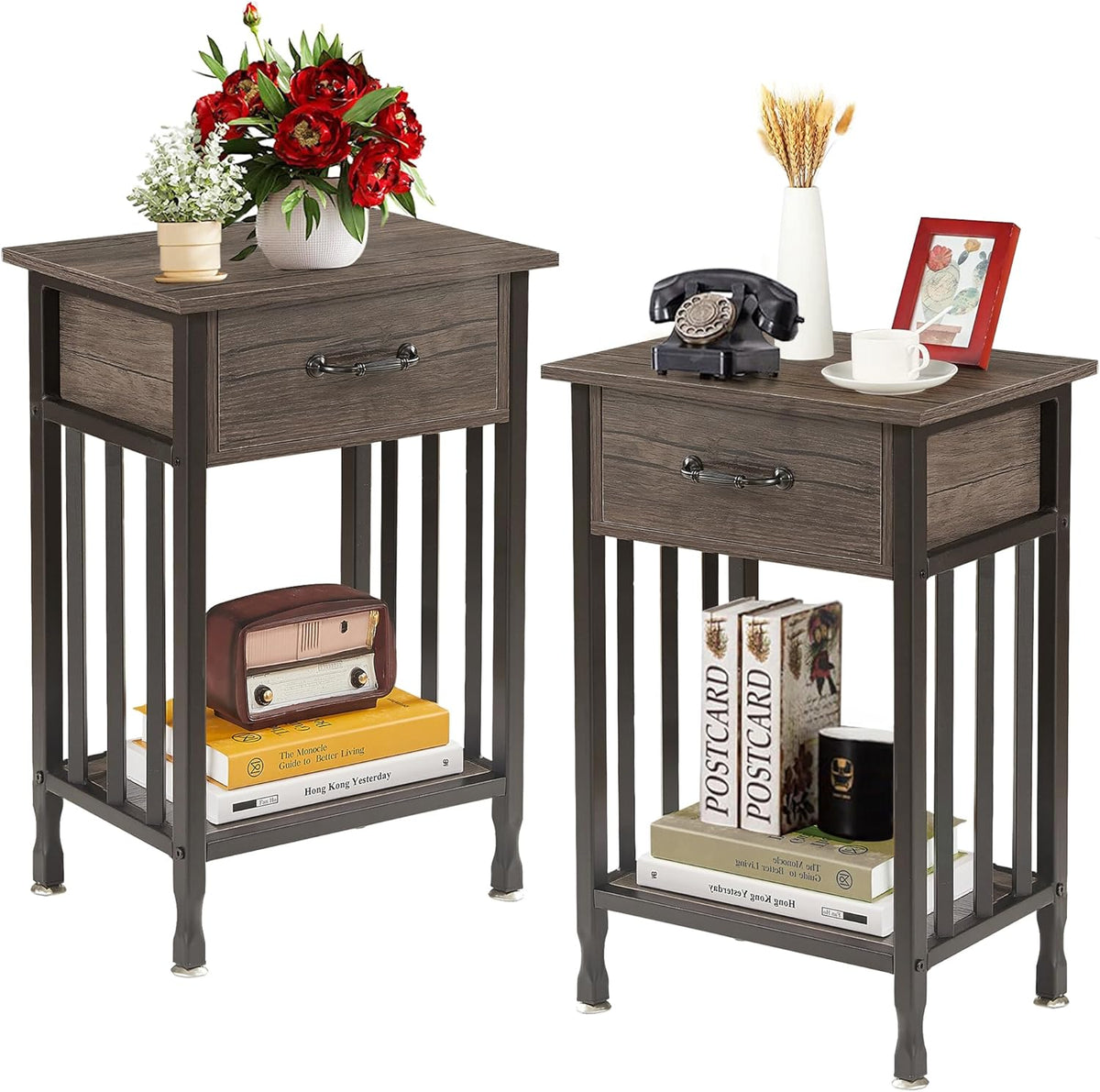 VECELO Nightstands, Industrial Side Table/End Tables with Drawer and Storage Shelf, Night Stands for Bedroom, Living Room, Wood Metal Furniture, Easy Assembly,Gray,1 Set