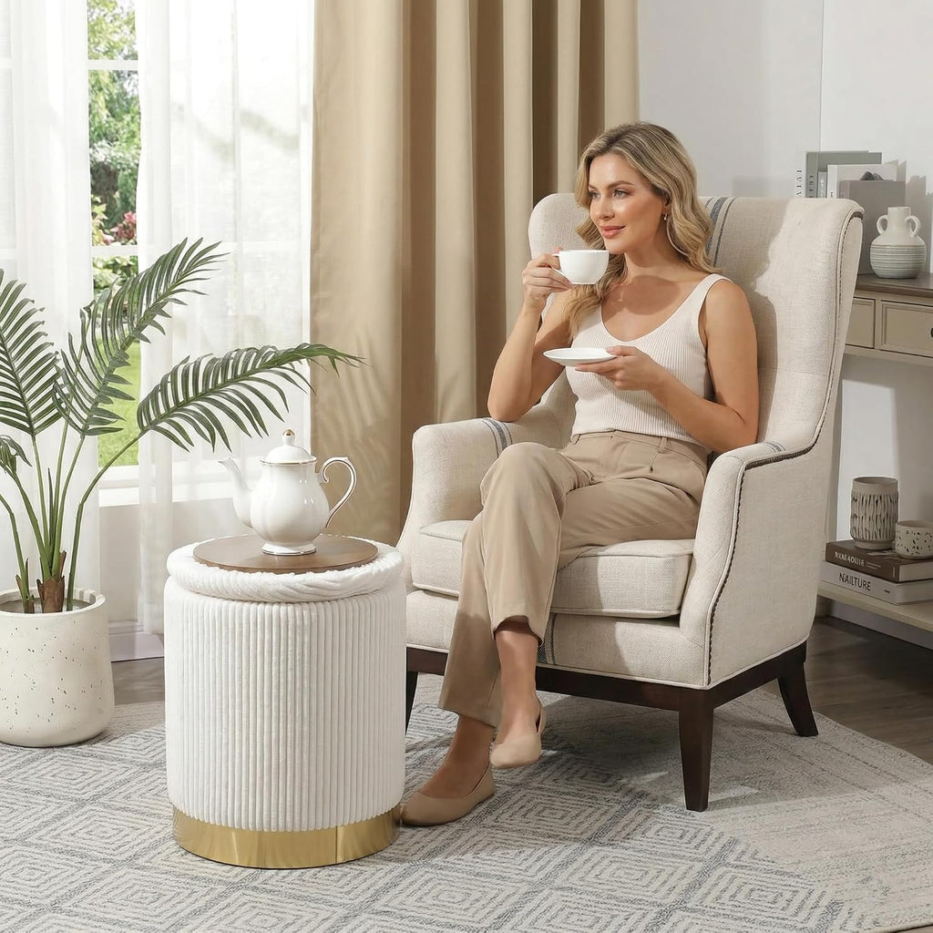 Joveco 14" Round Storage Ottoman for Dorm with Reversible Lid Tray | Beige Corduroy Footrest Stool with Gold Metal Base, Modern Small Ottoman Coffee Table & Side Table for Bedroom Living Room