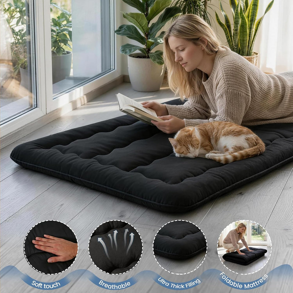Twin Size Japanese Futon Mattress Foldable Topper Mattress for Floor Tatami Floor Mat Portable Roll-Up Bed for Guest Play mat Sleeping Pad Black B