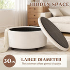 30 Inch Round Storage Ottoman,Modern Tufted Ottomans,Circular Coffee Table with Removable Top,Upholstered Large Ottoman with Storage Footrest Stool for Bedroom Living Room (White)