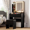 LIKIMIO Small Vanity Desk with Mirror Lights and Storage Stool | Black compact vanity with 3 light modes, charging station, storage drawer, 3 shelves and upholstered stool