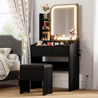 LIKIMIO Small Vanity Desk with Mirror Lights and Storage Stool | Black compact vanity with 3 light modes, charging station, storage drawer, 3 shelves and upholstered stool