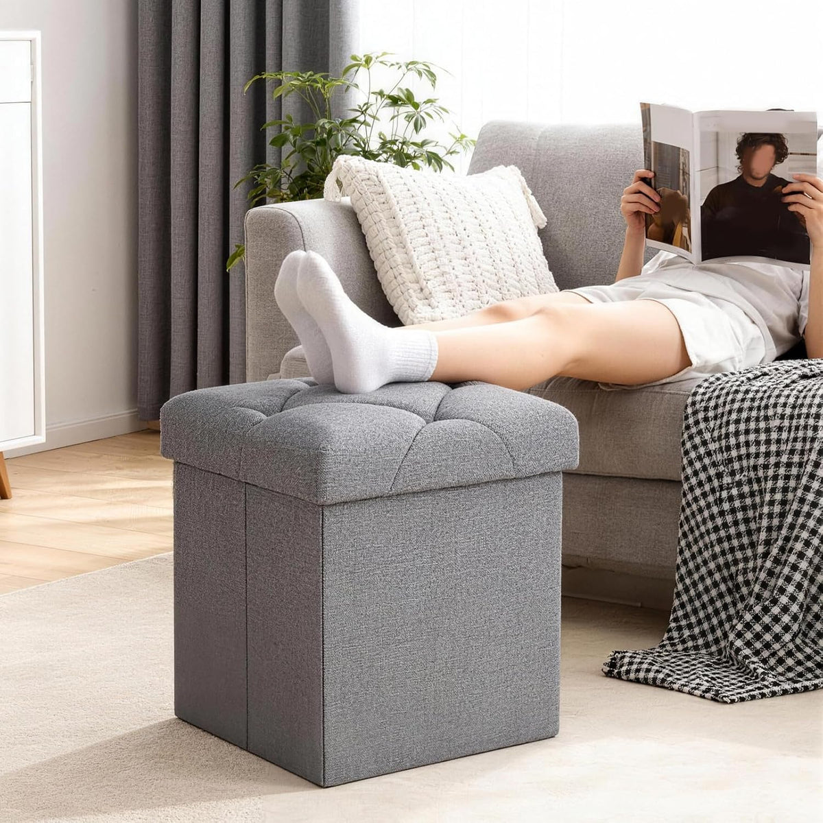 Storage Ottoman Footrest Stool Small Ottoman with Storage,35 Inches Foldable Ottomans Foot Rest Footstool Bench Ottoman with Storage Bench for Living Room Bedroom Dark Grey（15Wx15Dx15H