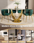 38.9" Round Glass Dining Table Set for 4, Modern Kitchen Table with 4 Upholstered Velvet Chairs, Tempered Glass Top with Golden Steel Base, 5 Pieces Dining Table Set for Small Space- Green