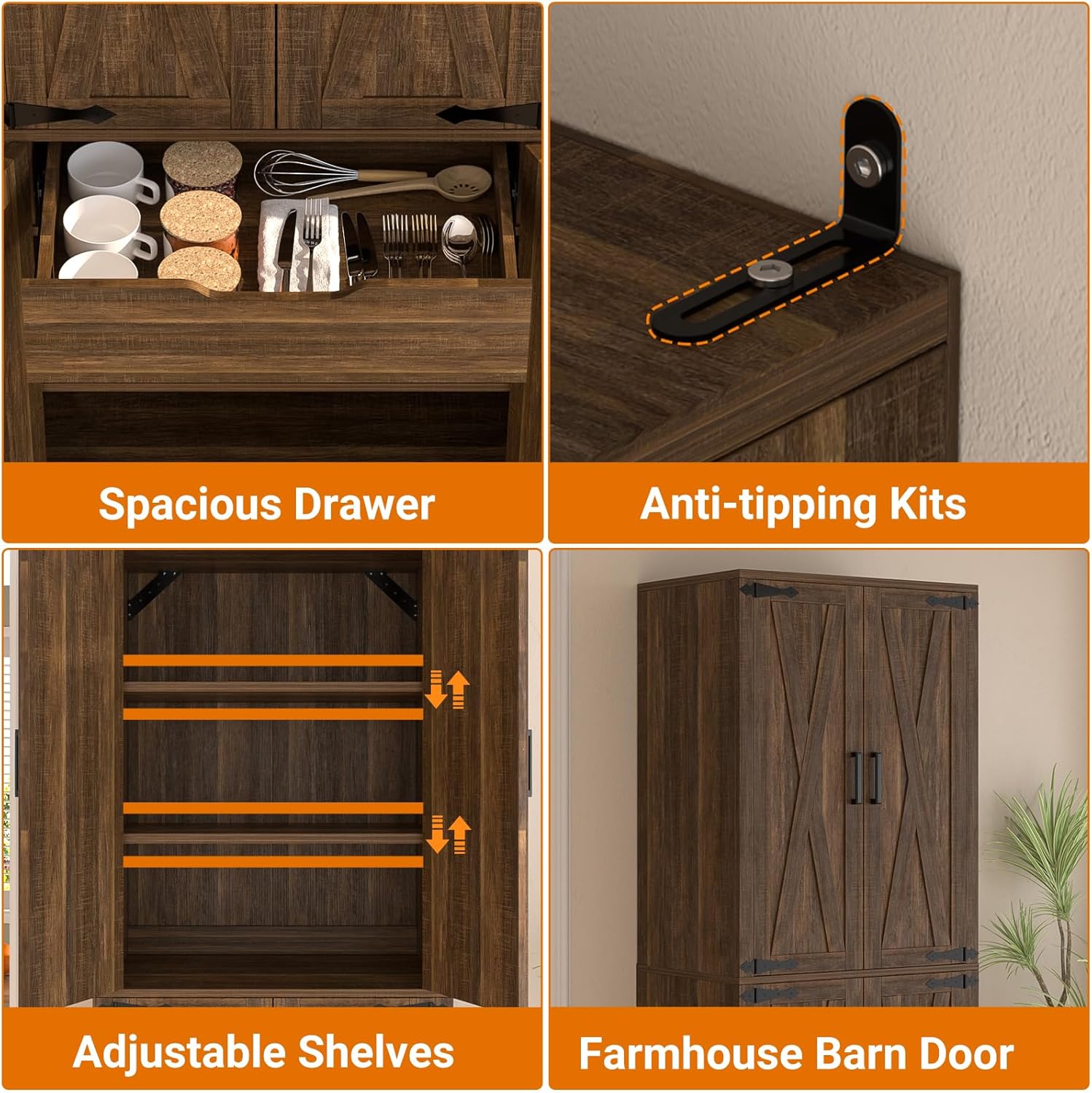 Unikito 71" Tall Farmhouse Kitchen Pantry Storage Cabinet with Barn Doors | Storage Drawer, Adjustable Shelves, Wooden Storage Cupboard, Versatile for Kitchen, Dining Room, Bathroom, Utility Room