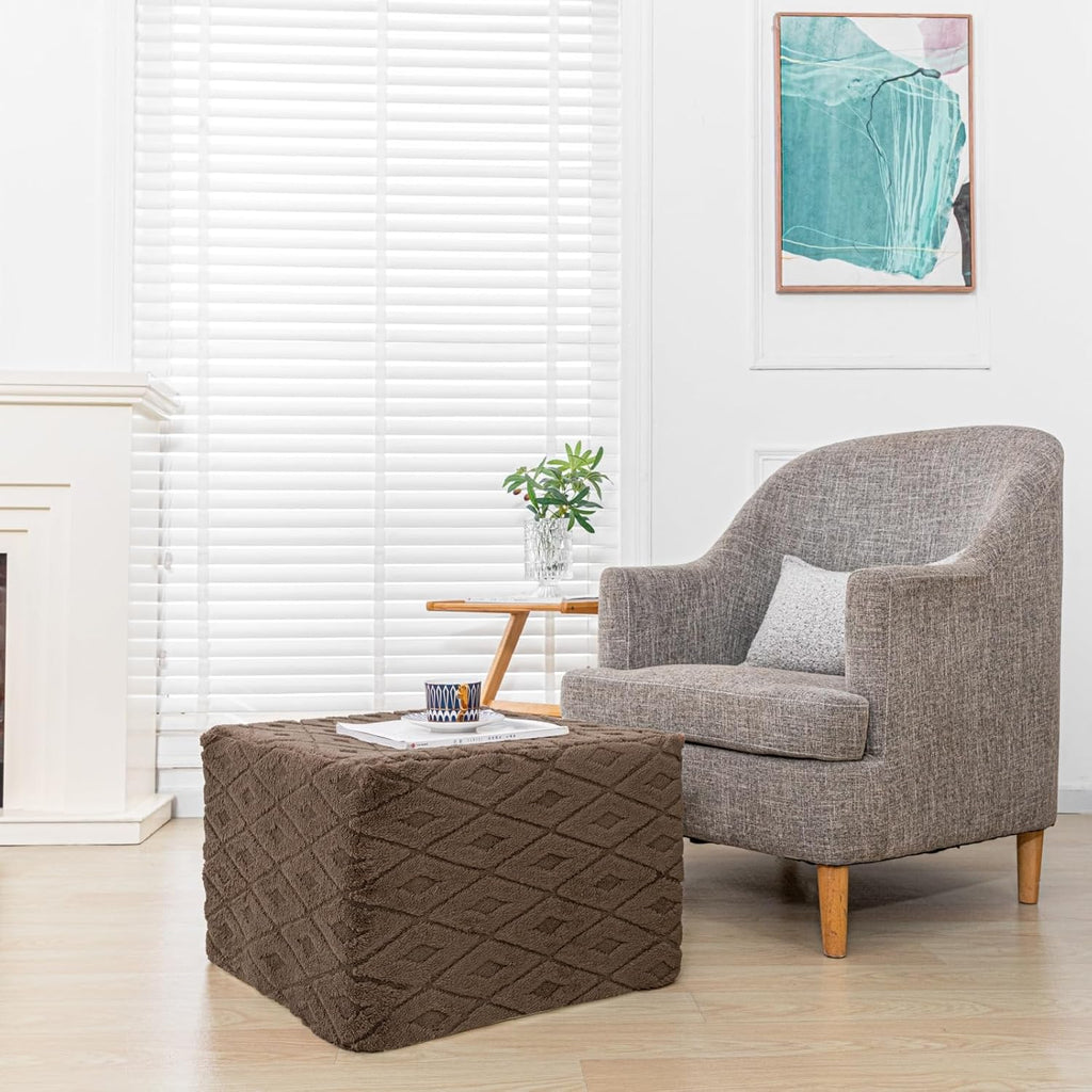 Fluffy Square Ottoman Pouf with All-in-One Foam Filling 20 x 14 Inches Furry Ottoman Foot Rest Foot Stool for Living Room or Bedroom (Coffee)
