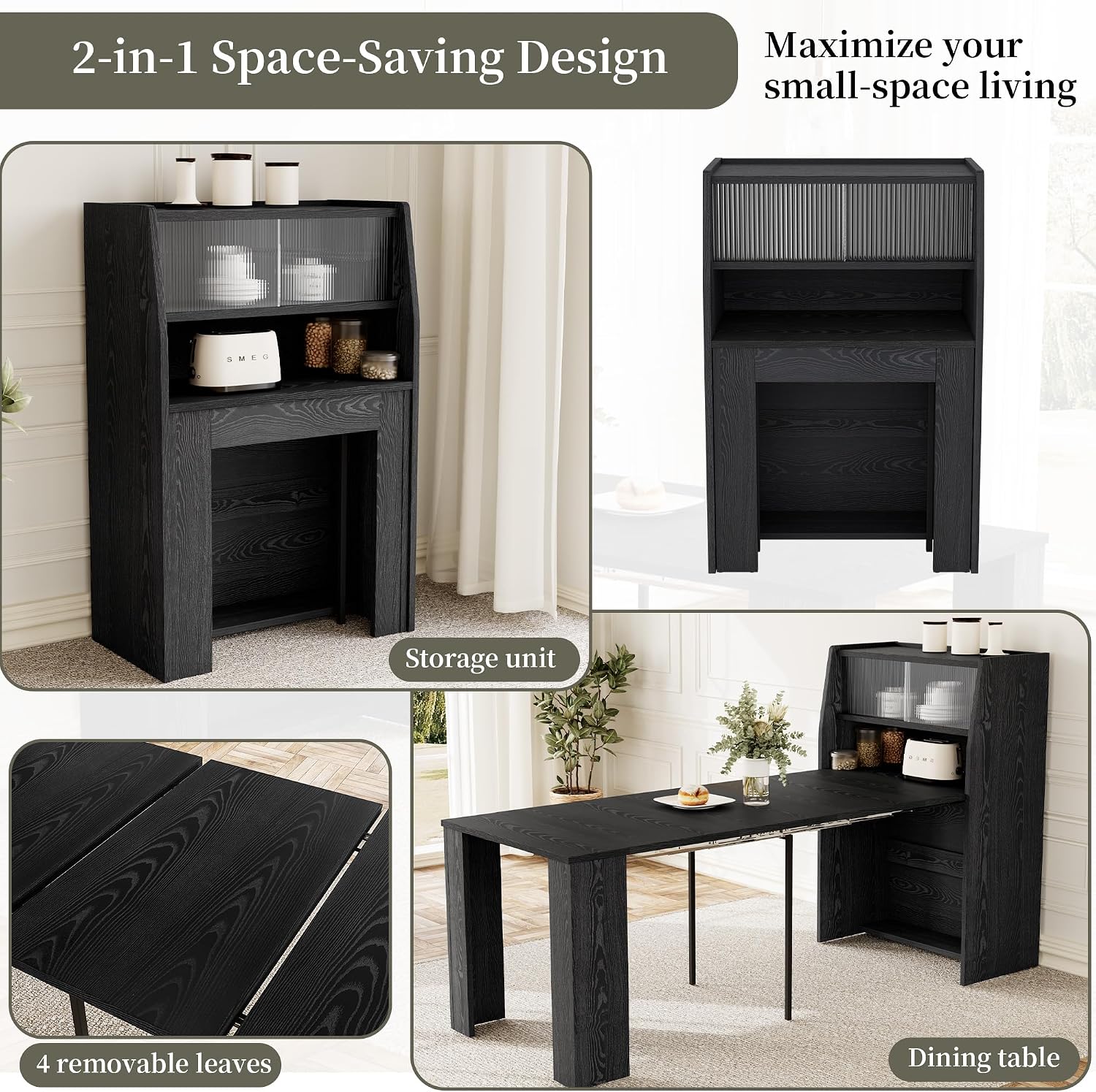 HIPIHOM 86.6" Extendable Dining Table for 4-6, MDF, Storage Cabinet | Retractable Console Table, Storage Cabinet for Kitchen or Dining Room, Ideal for Small Space, Apartment, Family Meal
