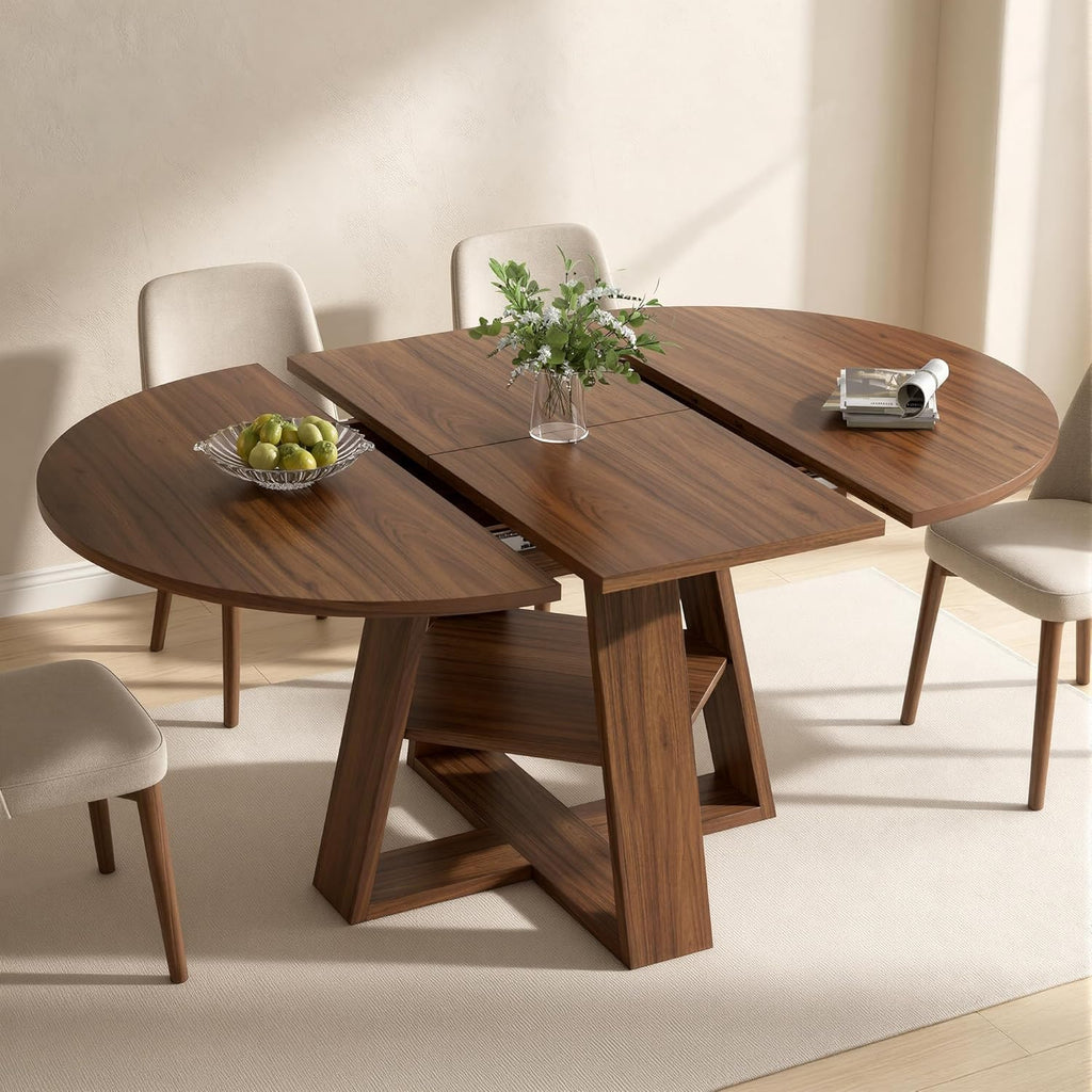 Miereirl 43.3‑59 in Round Extendable Dining Table for 4-6, Modern Oval Dining Table with Removable Leaf and Pedestal Base, Expandable Kitchen Table for Dining Room, Apartment