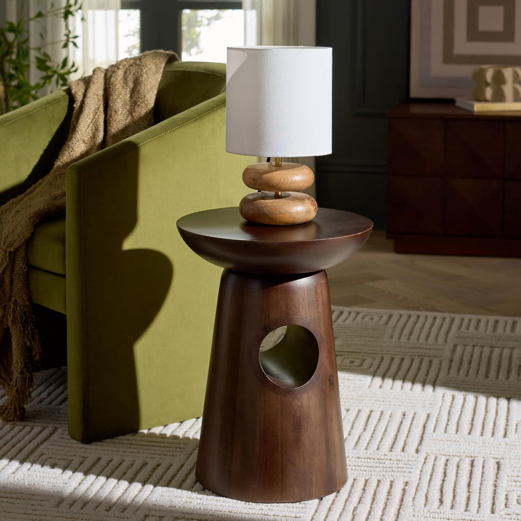 SAFAVIEH Home Collection - Zenon Dark Brown Solid Wood Accent Table with Open Circle Detail, Sculptural Modern Side Table (ACC3260A)