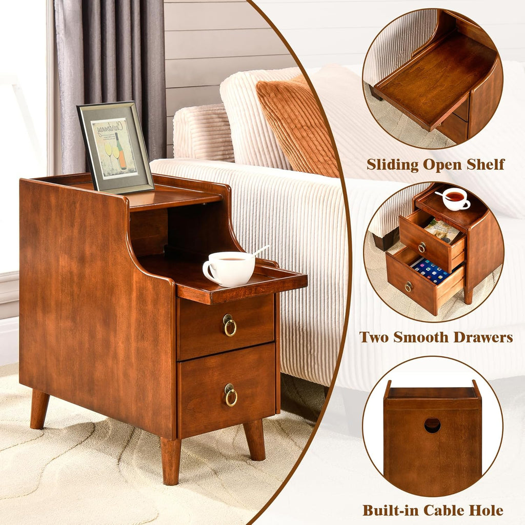 Set of 2 Solid Wood Narrow Nightstand with 2 Drawers, Fully Assembled Skinny Night Stand with Pull-out Tray for Bedroom, Pre-Assembled Vintage Wooden Slim Side Table for Small Space, 21.7x11.8x23in