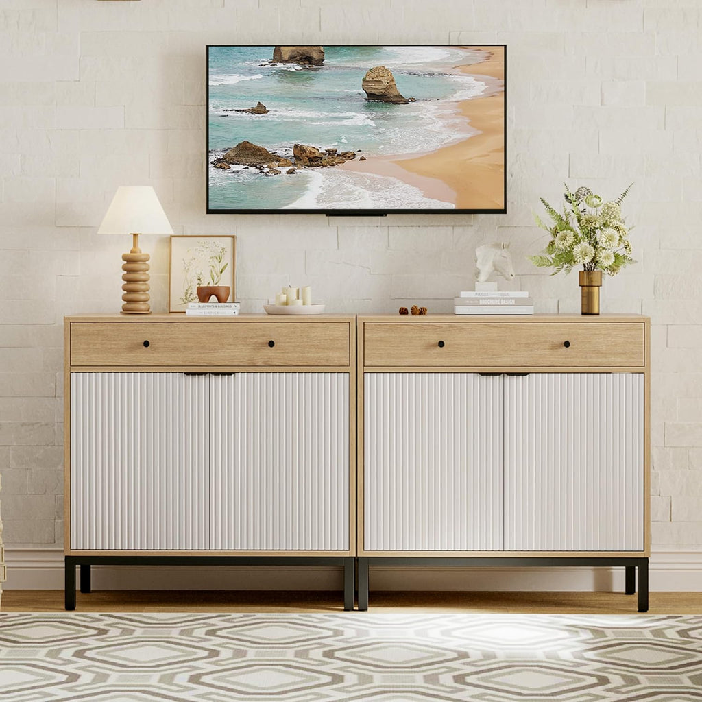 Mericonia Farmhouse Buffet Sideboard Cabinet with Storage, Fluted Coffee Bar with Doors and Adjustable Shelves, Modern Wood Cabinet for Kitchen, Livingroom (Fluted 2 Door, Oak & White)