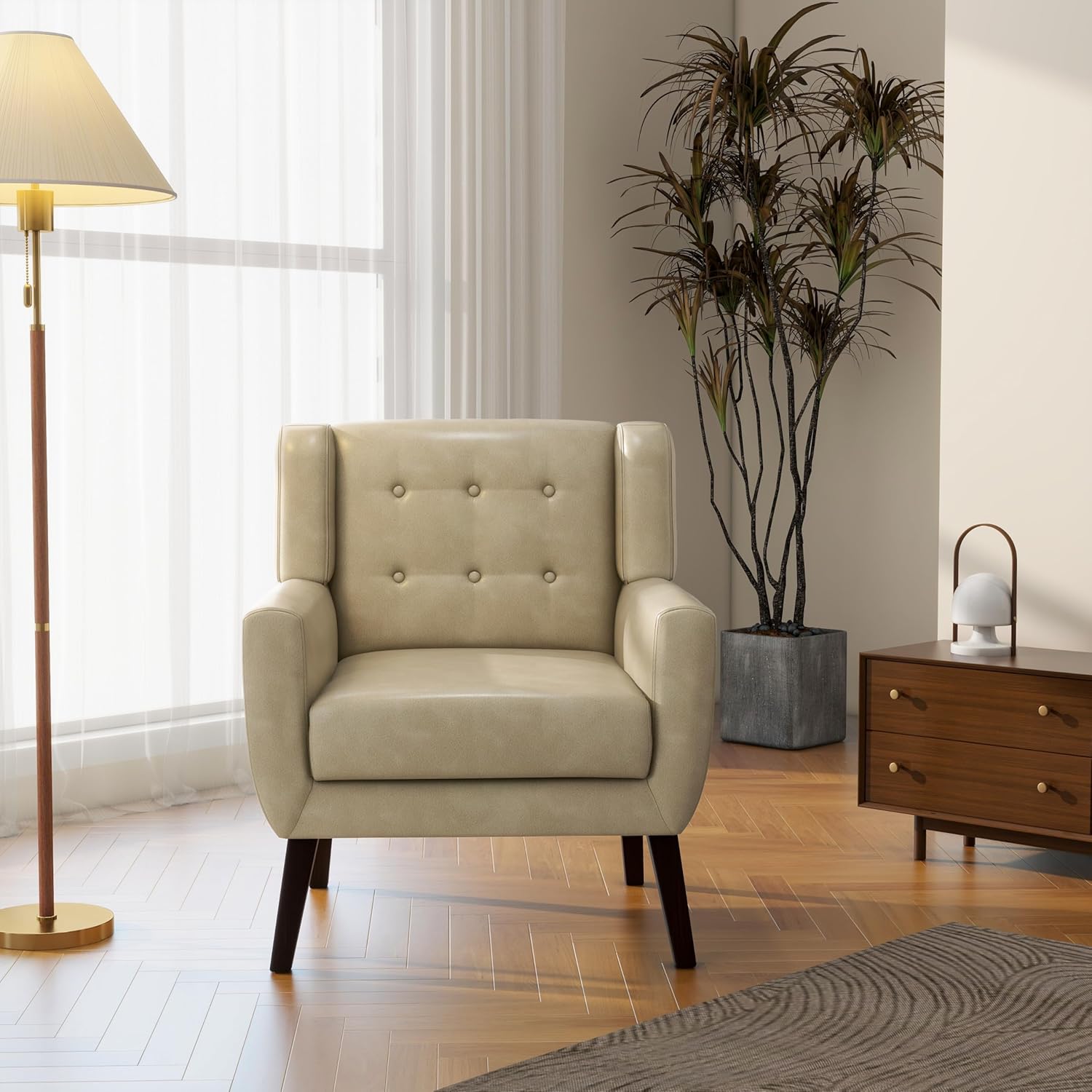Accent Chair Set of 1, Mid-Century Modern PU Leather Chairs with Arms for Living Room, Comfy Upholstered Club Single Sofa Armchair for Bedroom Waiting Room with Solid Wood Frame, Leather Cream