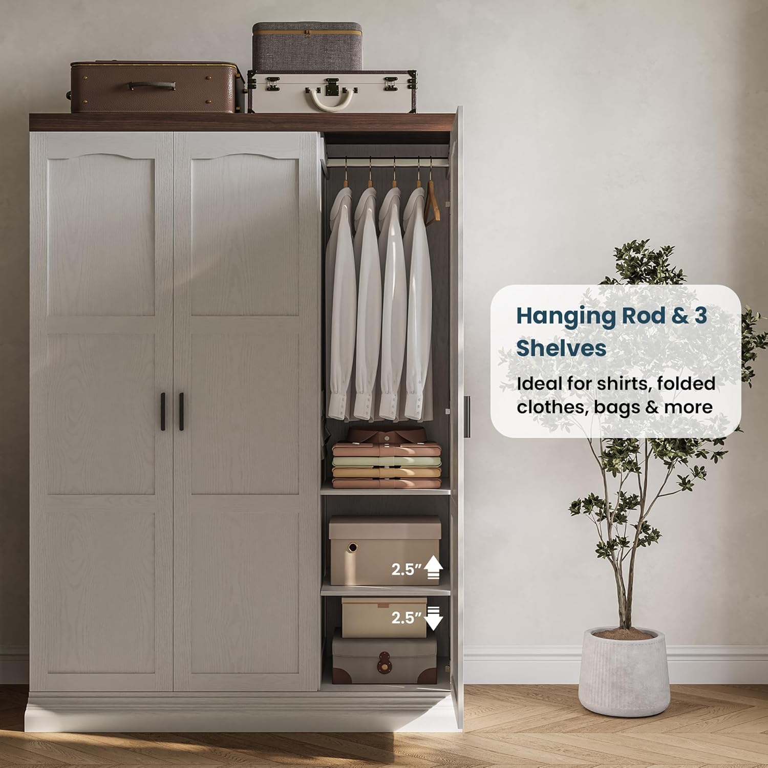ANCTOR 3 Door Armoire Wardrobe Closet with Mirror, Large Wardrobe Closet with Doors, White Armoire for Bedroom with Hanging Rods & Shelves for Long Clothing, Short Clothing and Stacking, Modern