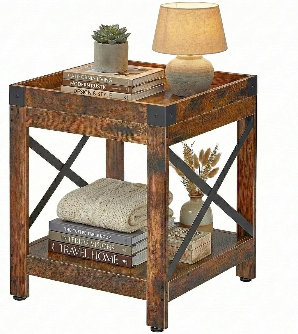 Farmhouse Square Side Table with Open Storage Shelves, Large End Table Modern Sofa Table with X-Metal Frame,Industrial Nightstand Coffee Table for Living Room Bedroom Office Small Spaces, Rustic Brown