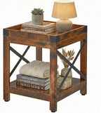 Farmhouse Square Side Table with Open Storage Shelves, Large End Table Modern Sofa Table with X-Metal Frame,Industrial Nightstand Coffee Table for Living Room Bedroom Office Small Spaces, Rustic Brown